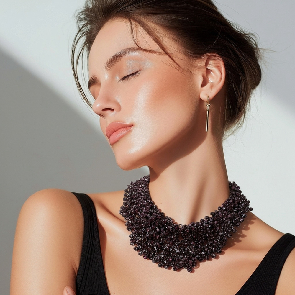 RareVintage Neiman Marcus Purple Cluster Stone Statement Necklace Black Gunmetal